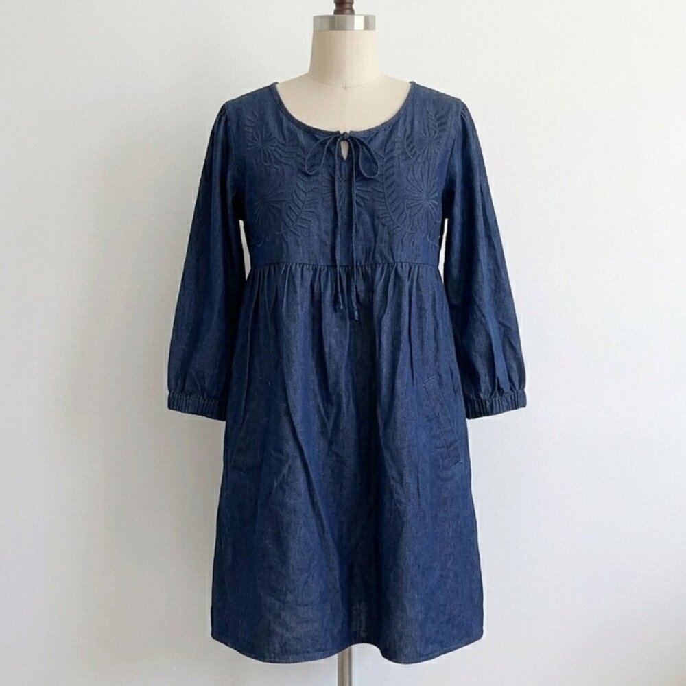 Blue Jean Baby Doll Top Tunic Tassel Embroidered Floral Boho 100% Cotton